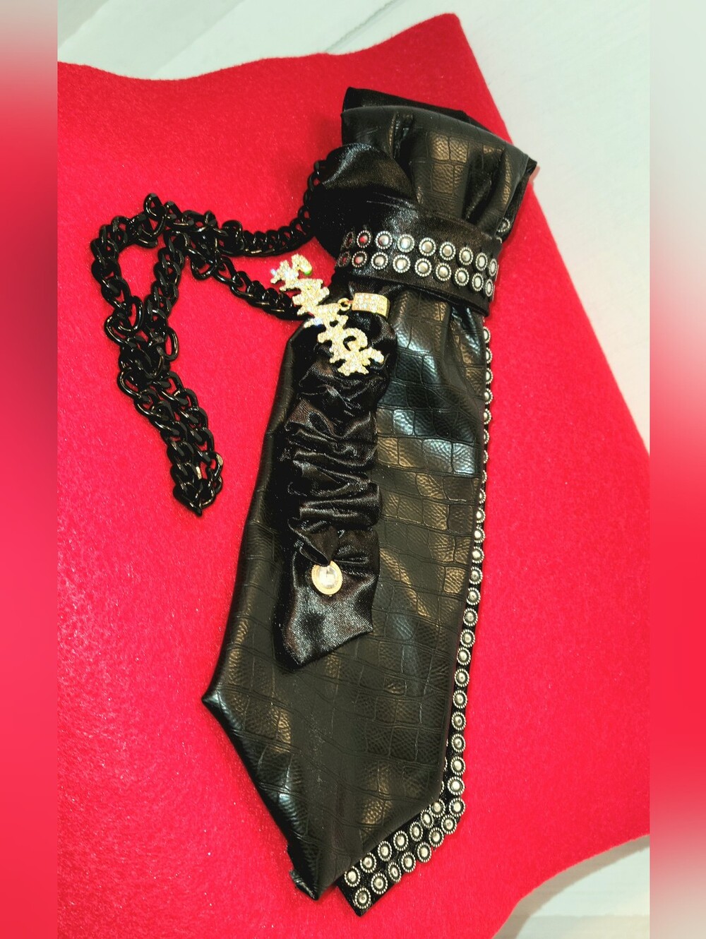 Black Studded Leather-Look Tie Necklace with Charm